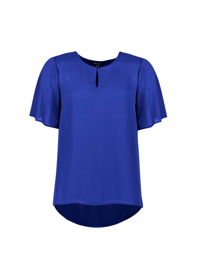 A blue women's short sleeve blouse with a keyhole detail and a flowing hemline. It features a logo.