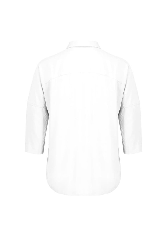 A white women's blouse with 3/4 sleeves and a back yoke detail, featuring a subtle logo.