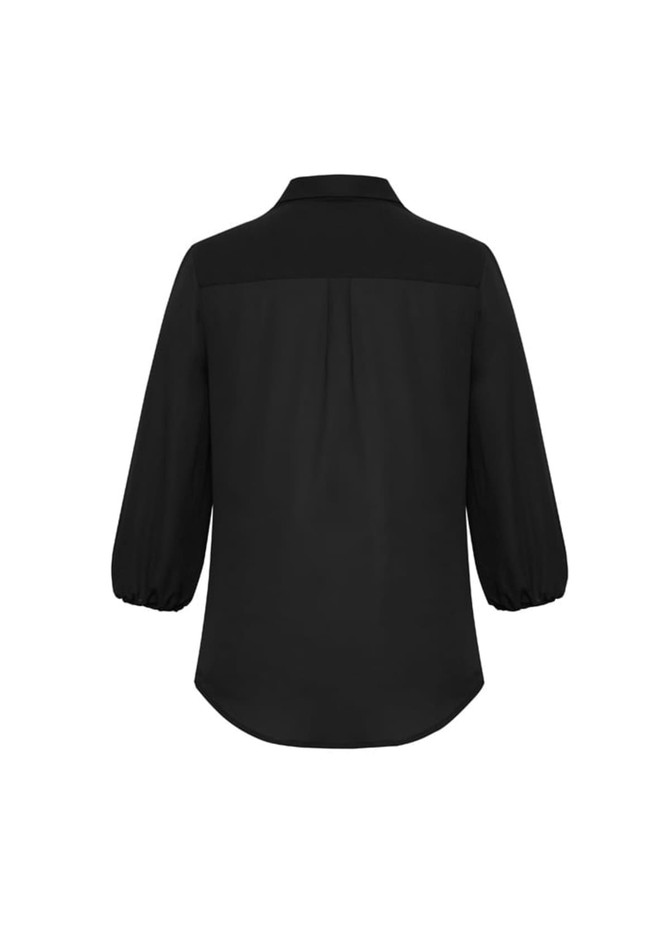 A black women's blouse featuring a 3/4 sleeve design and a back pleat detail. It has a collar and a simple, elegant style.