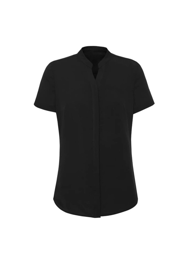 A black women's short sleeve blouse with a collared neckline and a sleek design. It features a logo.