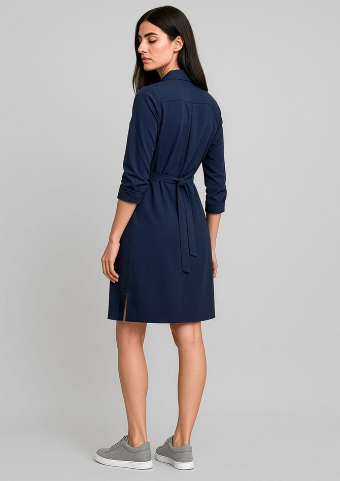 A navy blue women's dress with long sleeves and a tie waist, featuring a back view and a knee-length cut.