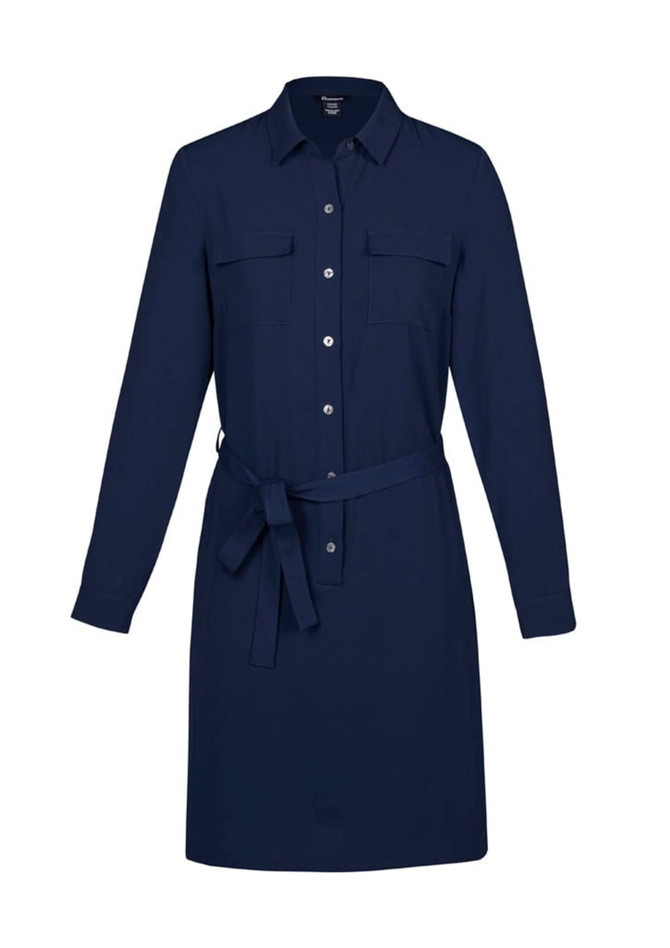 A navy blue dress with a button-up front, two chest pockets, and a tie belt at the waist. It has long sleeves.