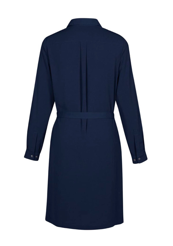 A navy dress with a collared neckline, long sleeves, and a belted waist, featuring a pleated back detail.