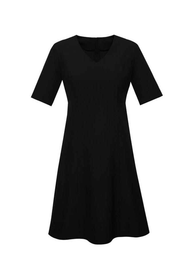 A black dress with extended short sleeves and a V-neckline, featuring a flared silhouette and a back zip.