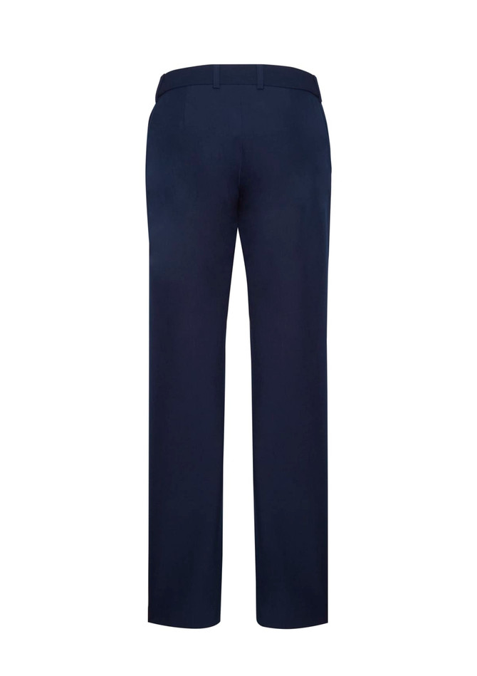 Navy women's adjustable waist pants with a straight-leg fit and a back view. Features a logo on the waistband.
