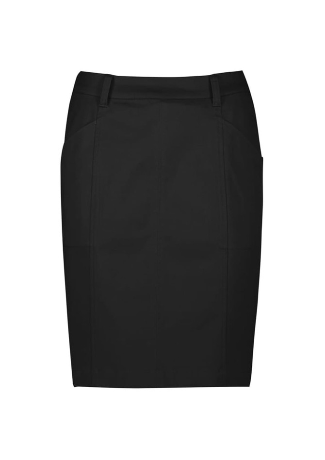 A black mid-waist chino skirt with a fitted design and pocket detailing. Features branding on the waistband.