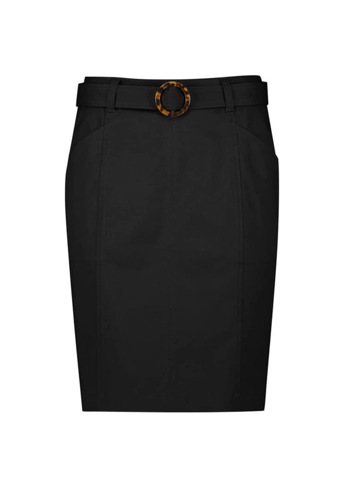 A black women's mid-waist stretch chino skirt featuring a belt with a circular buckle design.