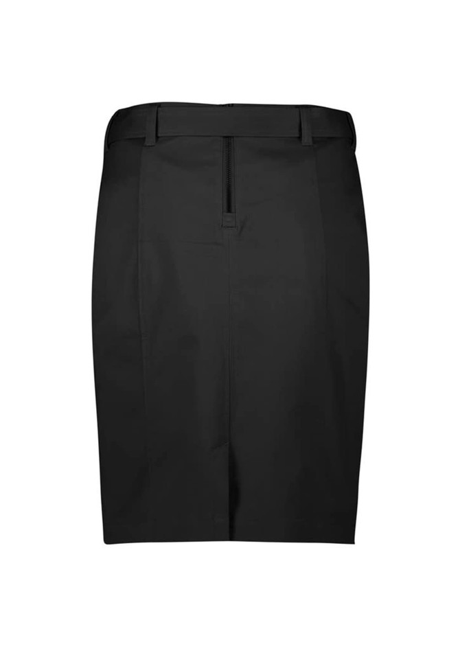 A black mid waist stretch chino skirt with a zipper closure and a streamlined design. Features a logo on the waistband.