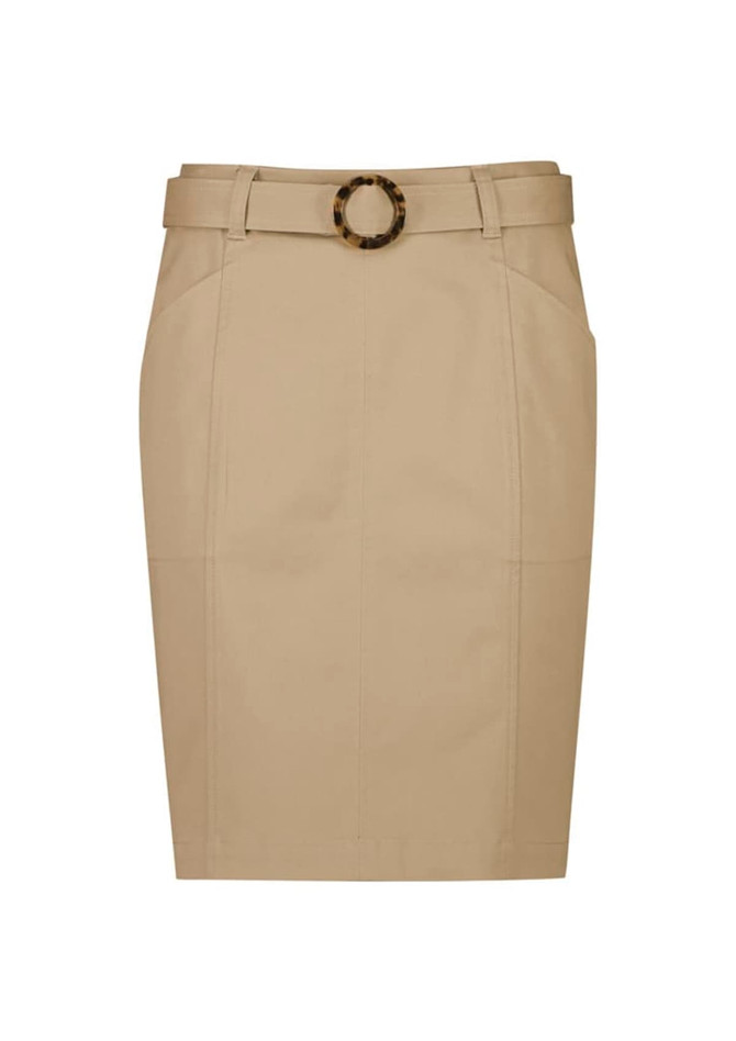 A mid waist stretch chino skirt in a light tan colour featuring a decorative belt with a circular buckle.