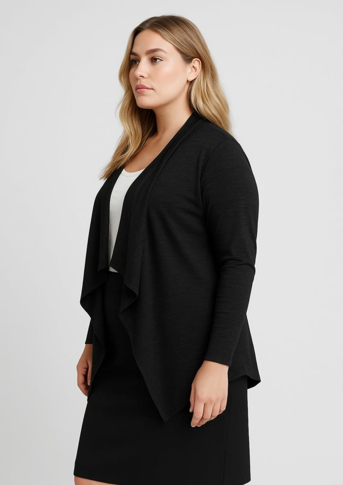 A black women's waterfall cardigan features a flowing design and long sleeves, styled with a white top and skirt.