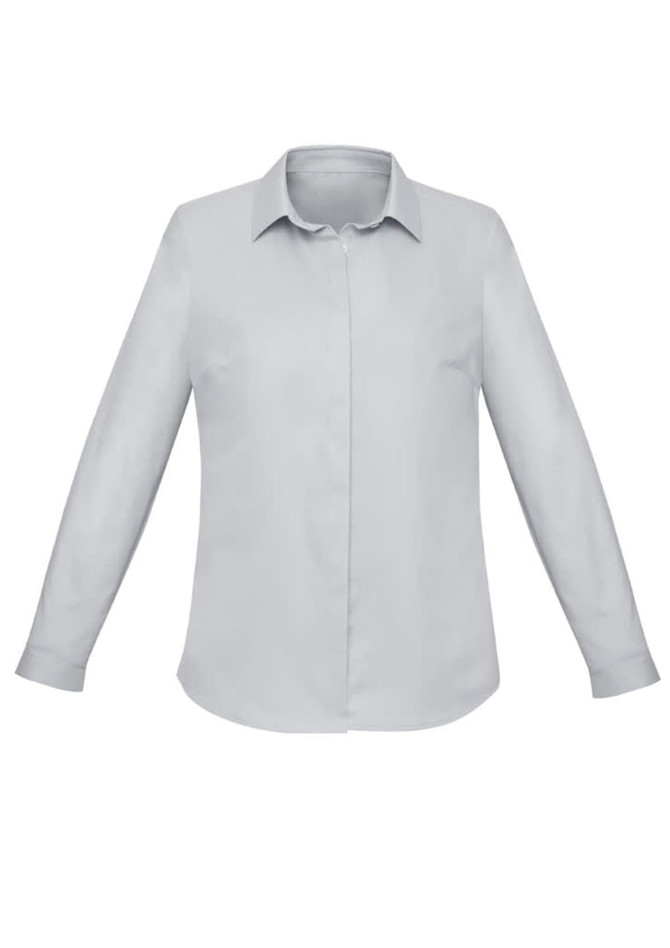 A light grey button-up long sleeve shirt for women with a collar and a logo.