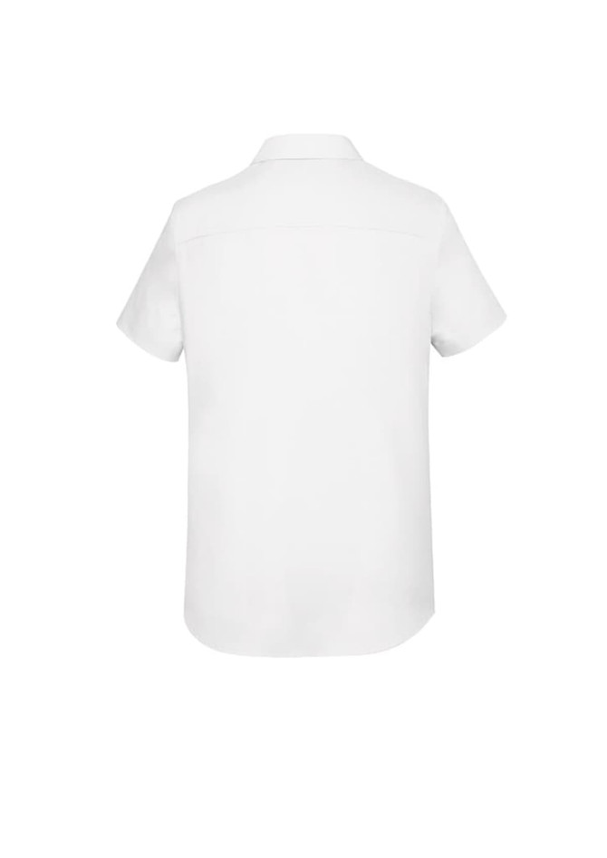 A white women's button-up shirt with short sleeves and a back yoke detail. It features a logo.