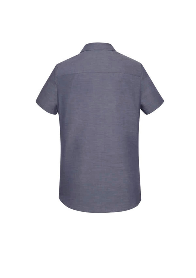 A short sleeve women's button-up shirt in a textured grey fabric, featuring a collar and a back yoke.