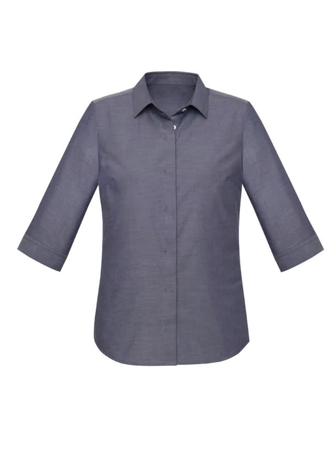 A button-up women's shirt in dark grey, featuring 3/4 sleeves and a collared neckline. It has a brand logo.