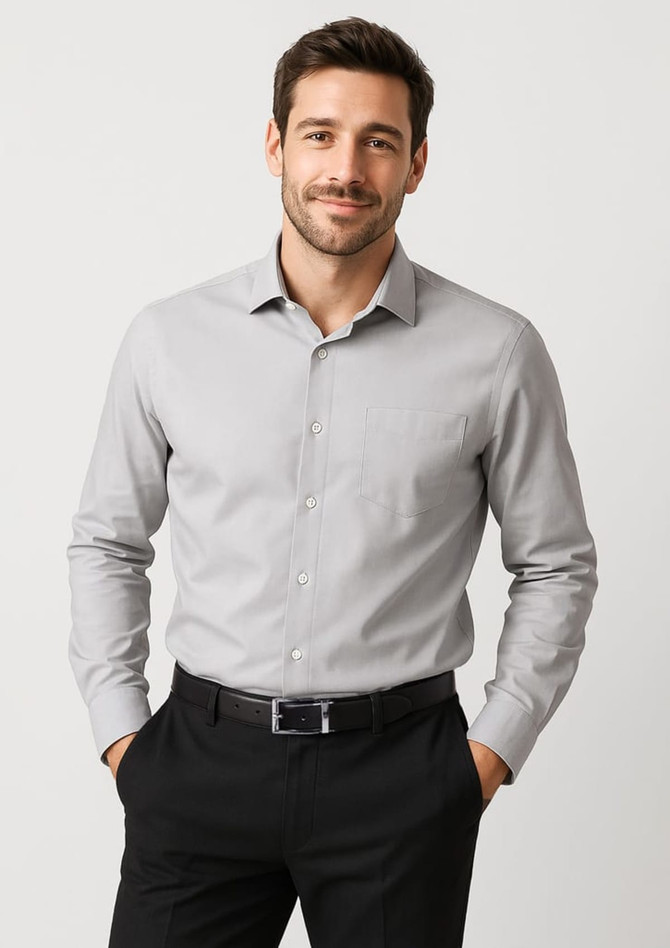 A classic fit long sleeve button-up shirt in grey, featuring a chest pocket and a logo.
