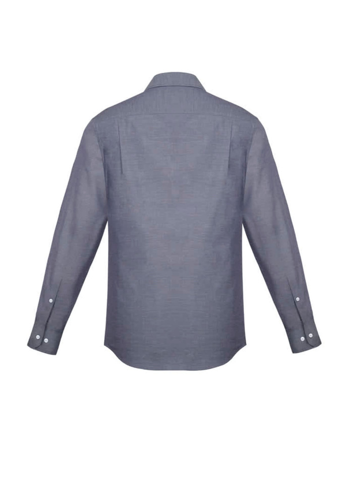 A grey, long-sleeve button-up shirt with a classic fit, featuring a back yoke and buttoned cuffs.