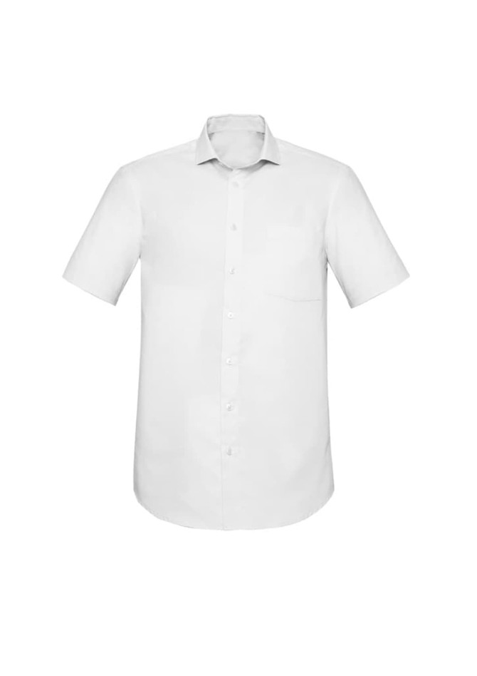A white short sleeve button-up shirt featuring a single pocket and a classic fit design.