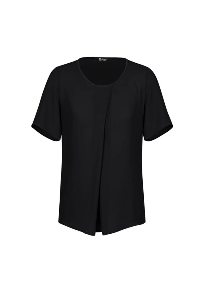 A black short sleeve T-shirt with a round neckline and a relaxed fit, featuring a subtle front drape.