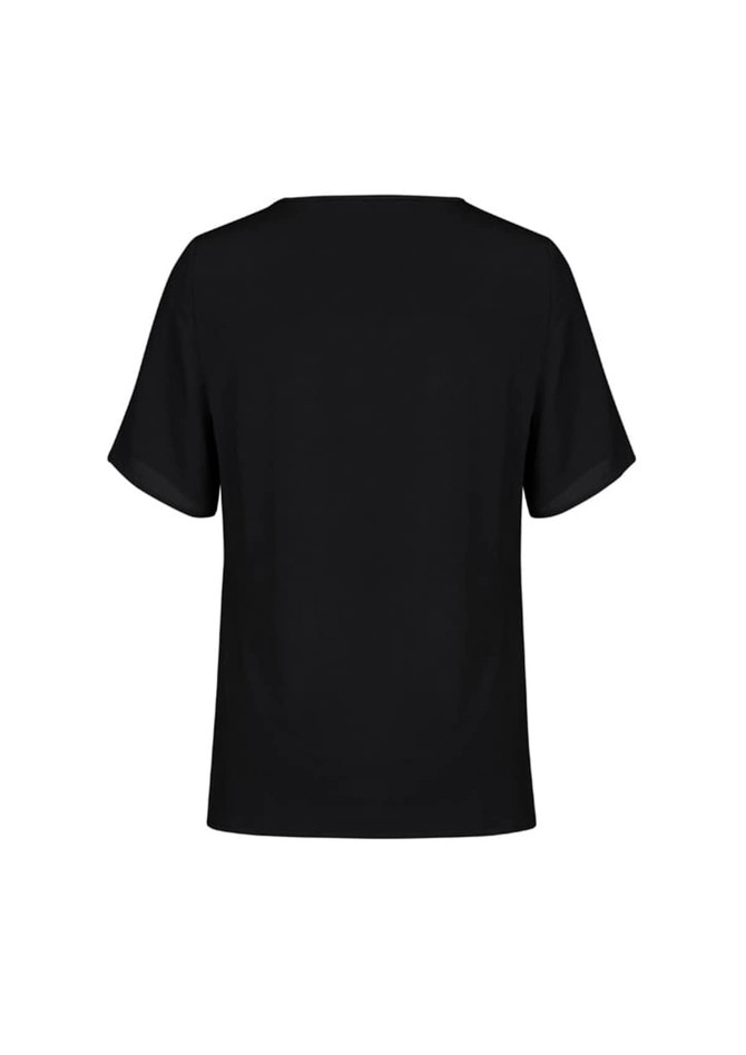 A black women's short sleeve T-top featuring a simple design and a logo.