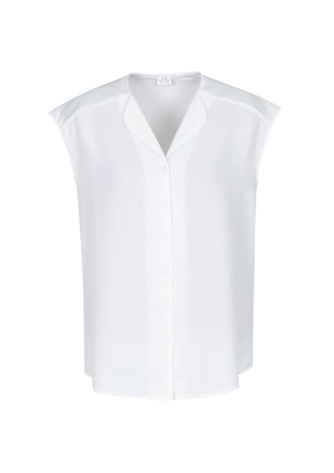 A white women's blouse with a relaxed fit and cap sleeves, featuring a button-down front and a subtle collar.