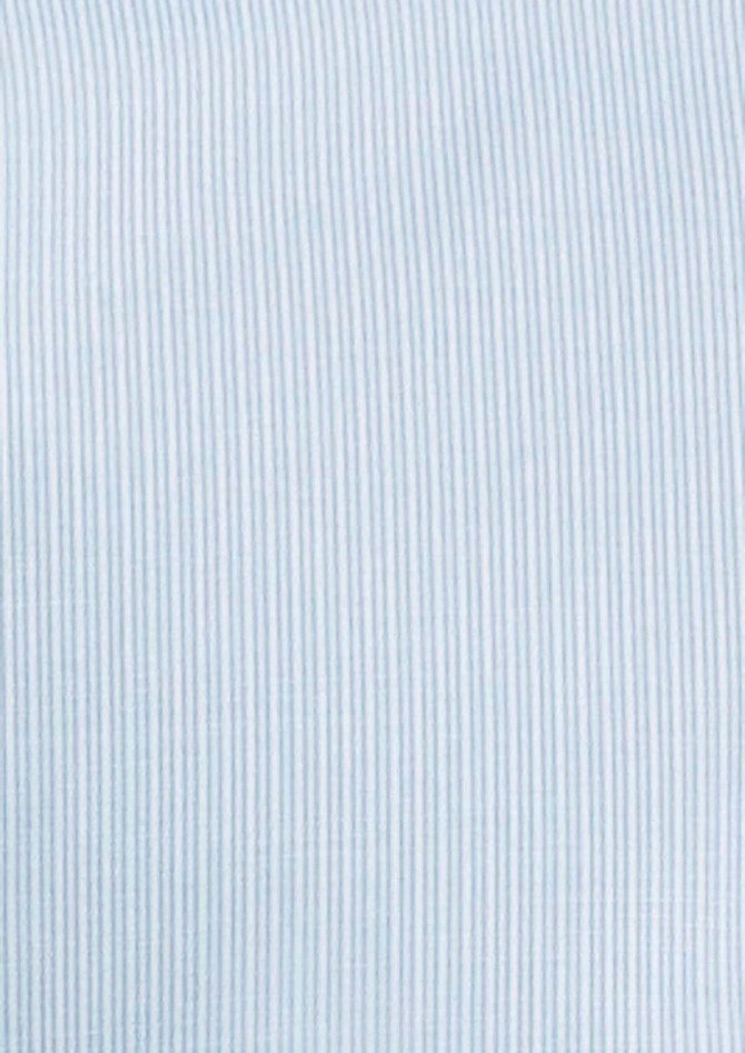 A light blue button-up shirt with a subtle striped pattern. The shirt features short sleeves and has a logo.