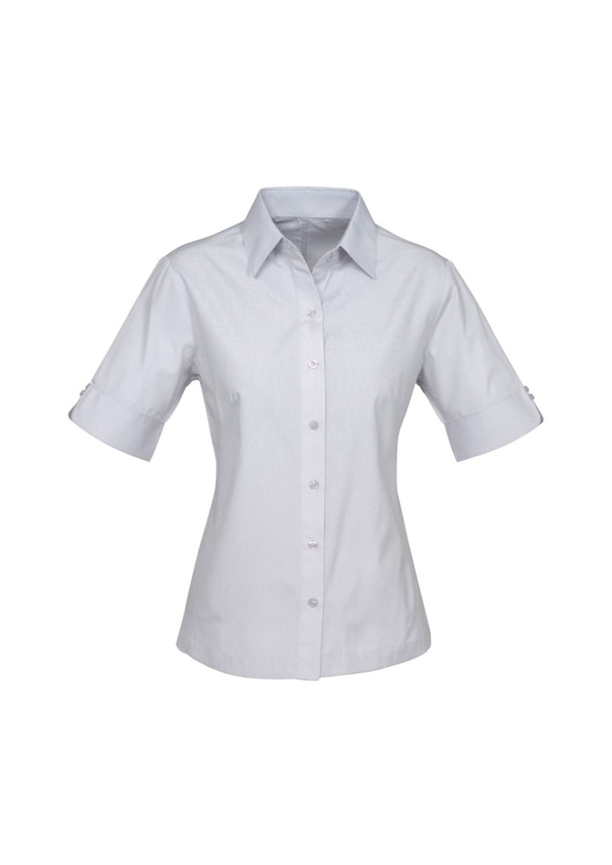 A button-up shirt in light grey with short sleeves and a fitted design, featuring a subtle branding logo.