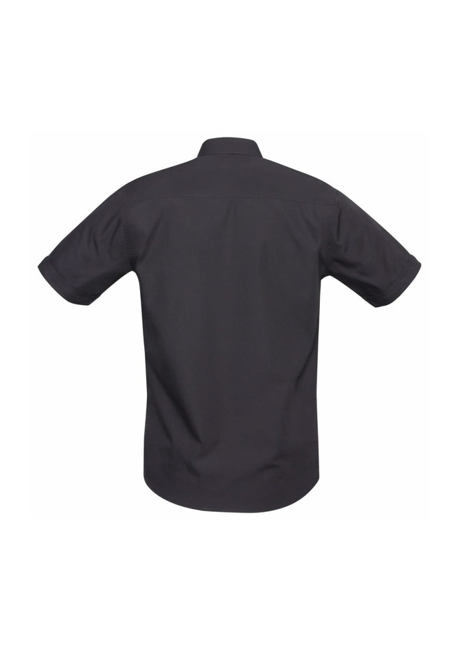 A short-sleeve button-up shirt in dark grey with a plain back view, featuring a collar and a logo.