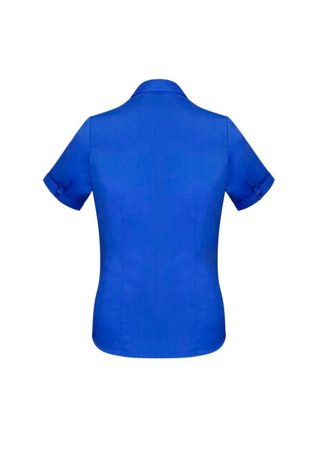 A blue short sleeve button-up shirt with a back view and rolled sleeves. It features a logo.