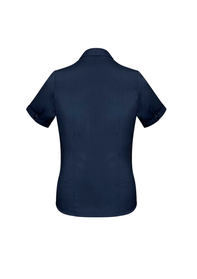 A navy short sleeve button-up shirt featuring a fitted design and rolled sleeve cuffs. It has a logo on the back.