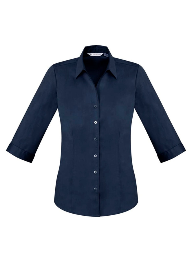A navy blue ladies' button-up shirt with 3/4 sleeves and a collar, featuring a logo.