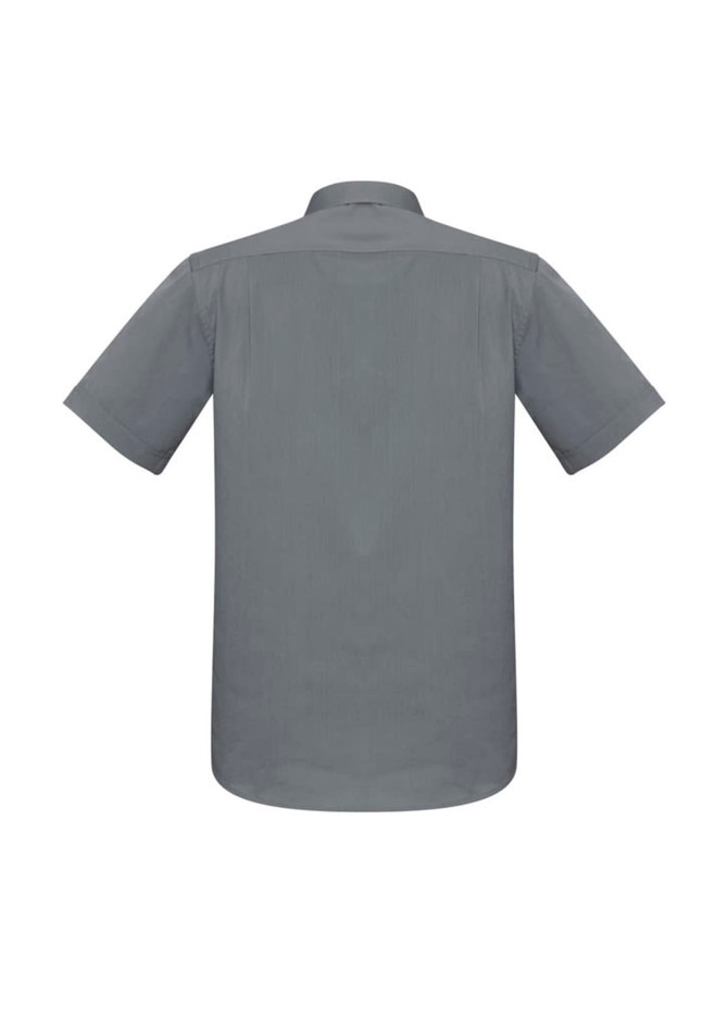 A grey short sleeve button-up shirt featuring a back view with a simple design and a logo.