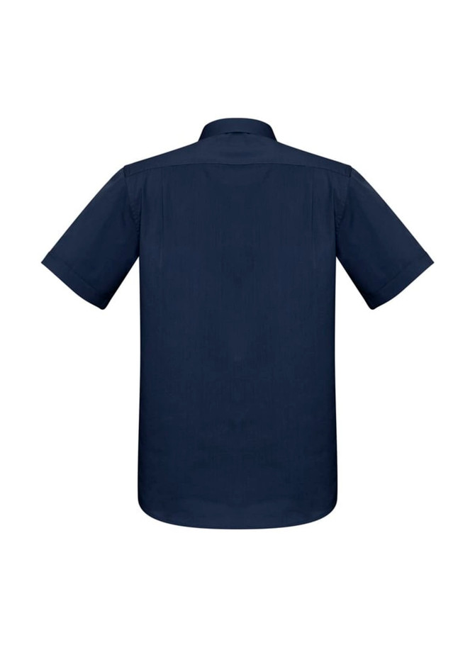 A navy short sleeve button-up shirt with a simple design and a logo on the back.