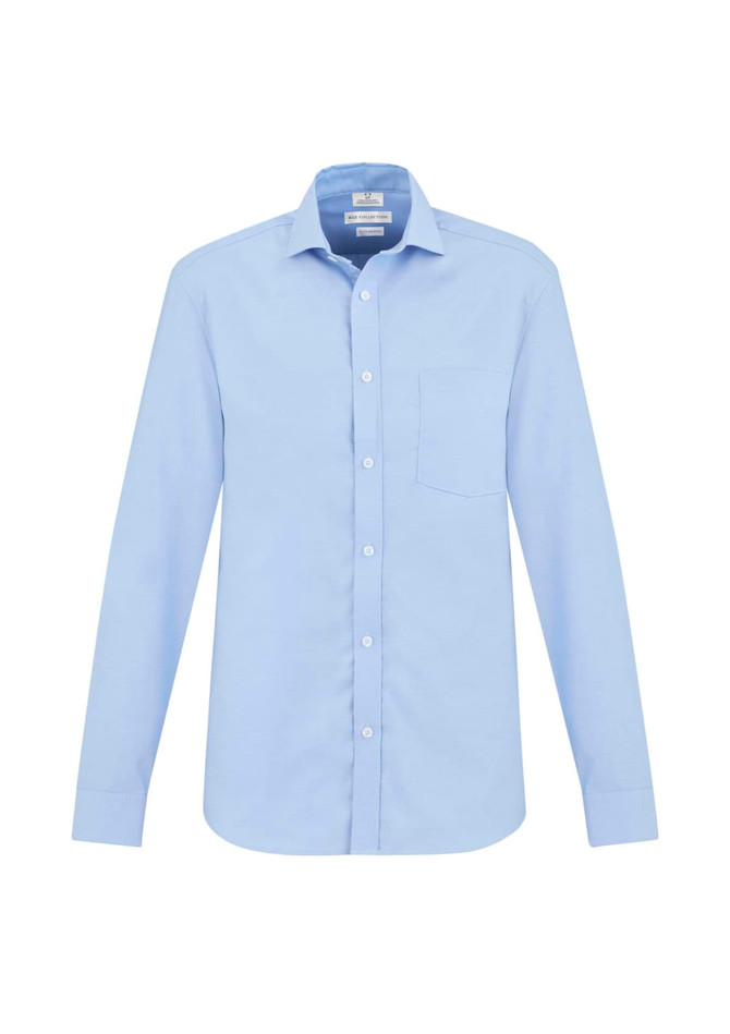 A light blue long sleeve button-up shirt with a chest pocket and a logo.