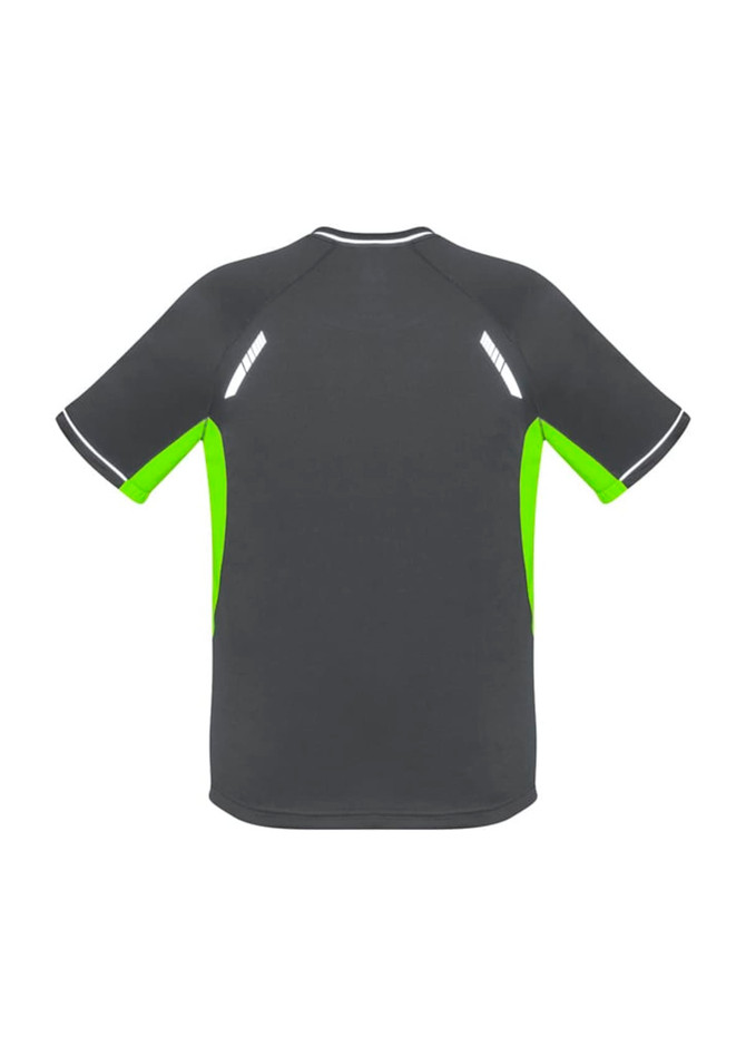 A short sleeve T-shirt in grey with bright green accents and reflective detailing on the back. It has a logo.