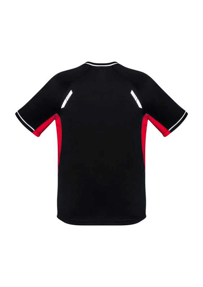 A short-sleeve tee in black with red accents and reflective details, featuring a logo on the design.