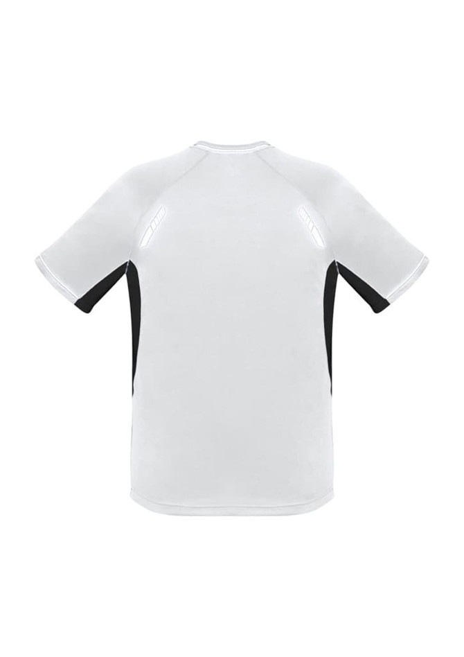 A short sleeve tee featuring a white body with black accents and a logo on the back.