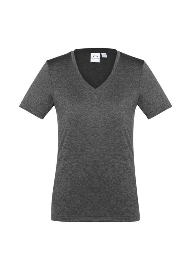 A women's short sleeve tee in dark grey, featuring a v-neck and a logo on the label.