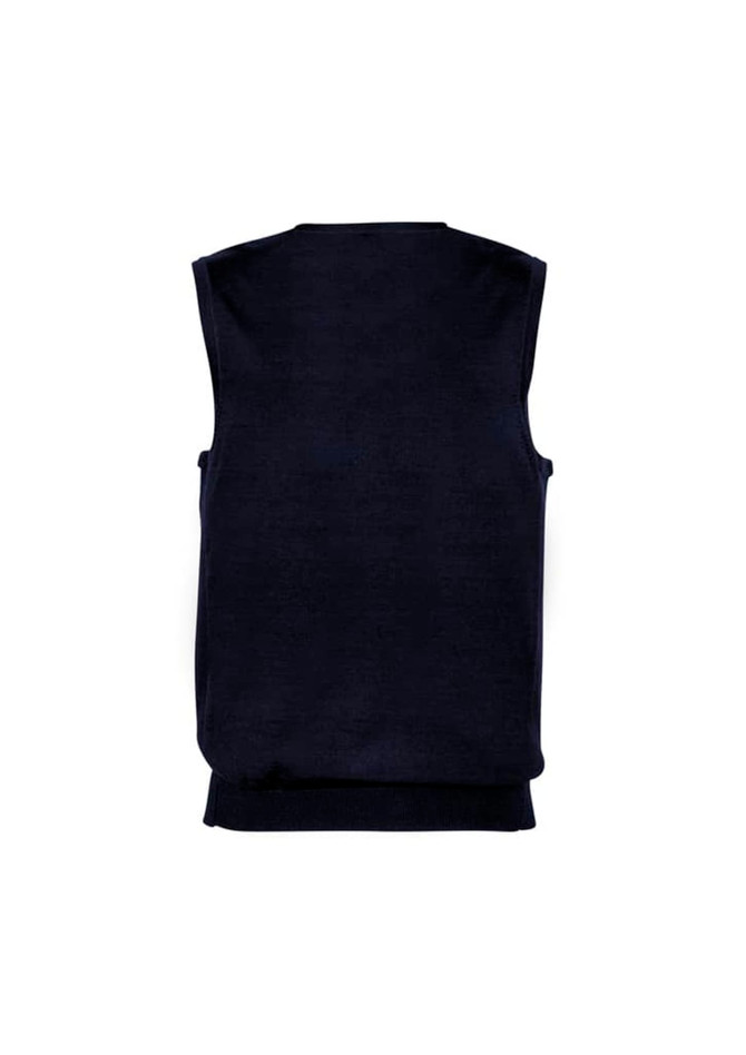 A navy blue men's vest with a simple design and no sleeves, featuring a ribbed hem and a logo.