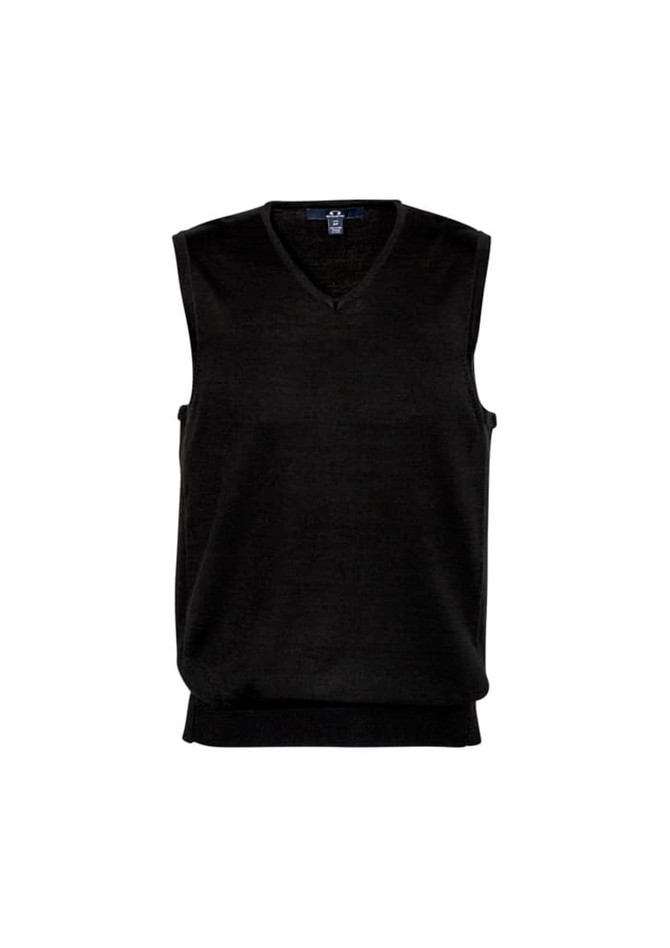 A black Milano men's vest with a V-neck design and ribbed hem, featuring a logo on the label.