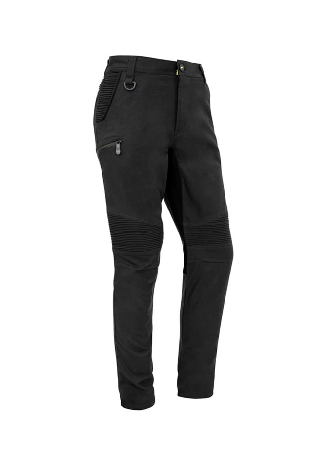 A pair of black stretch work pants featuring textured detailing and a logo.