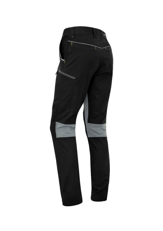 A pair of black work pants featuring grey detailing and a logo, designed for comfort and flexibility.