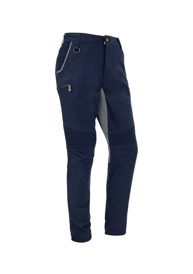 A pair of navy stretch pants with contrasting grey details and zippered pockets, featuring a logo.