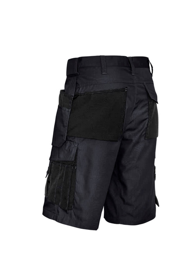 Black mens ultralite multi-pocket shorts featuring multiple side pockets and a durable design. Includes a brand logo.
