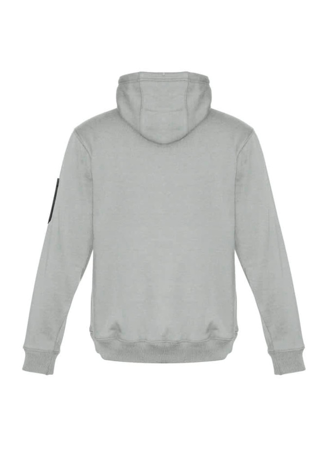 A grey unisex multi-pocket hoodie featuring a hood and a logo on one sleeve.