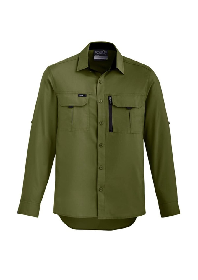 A men's long sleeve button-up shirt in olive green with two front pockets and a branding logo.
