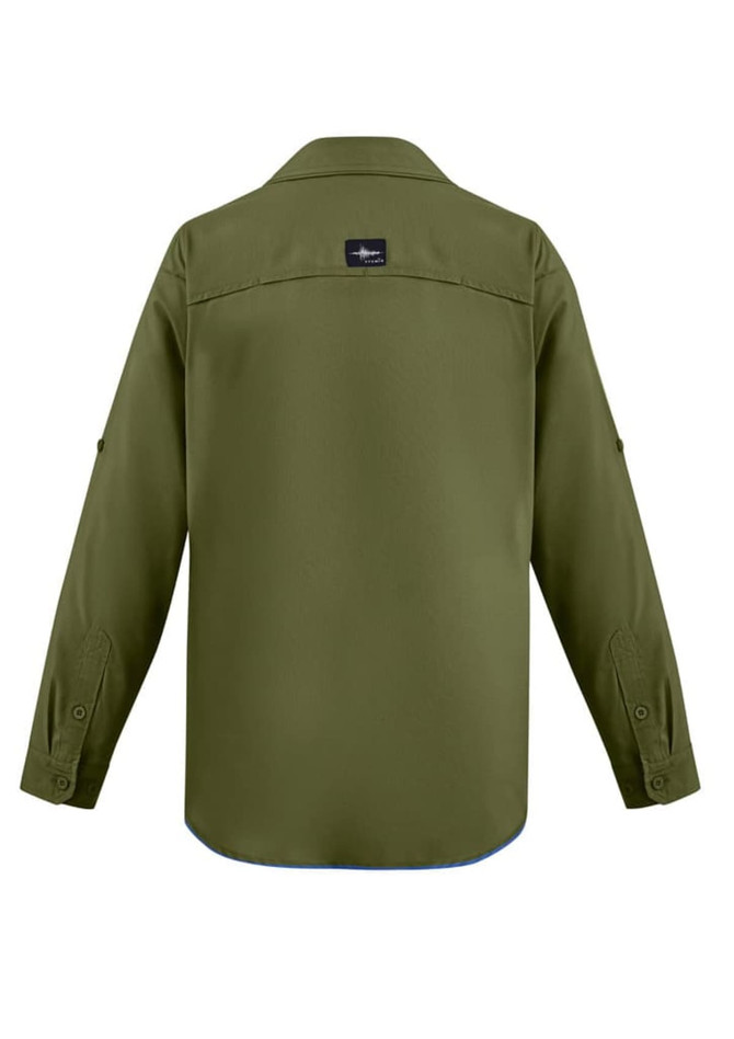 A long sleeve men's outdoor shirt in olive green with a logo on the back.