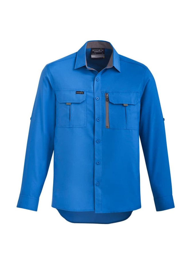 A blue long sleeve button-up shirt featuring two front pockets and a zip pocket, with a logo on the chest.