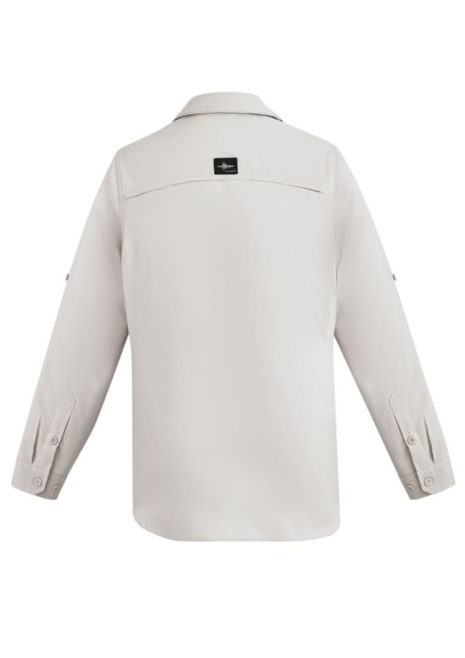 A light grey men's outdoor long sleeve button-up shirt with a logo on the back.