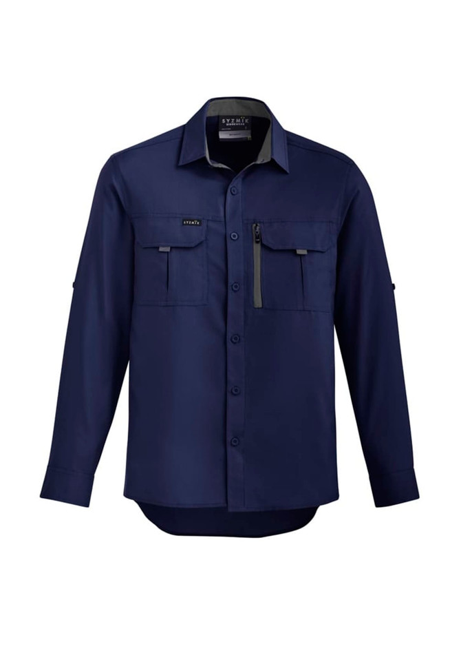 A navy blue long sleeve button-up shirt featuring two chest pockets and a branding logo.
