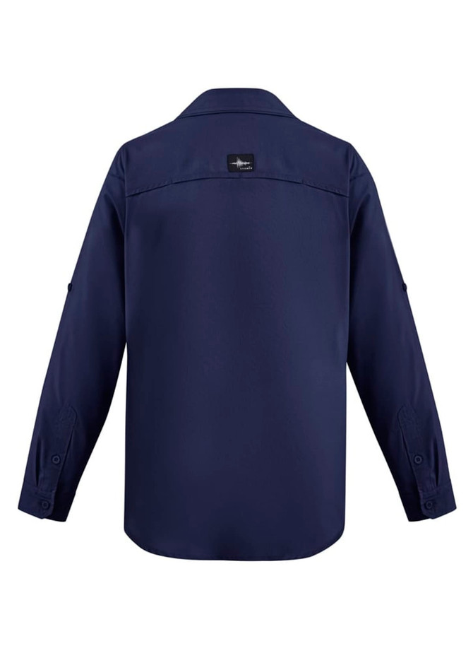 A navy blue long sleeve button-up shirt with a collar and a logo on the back.